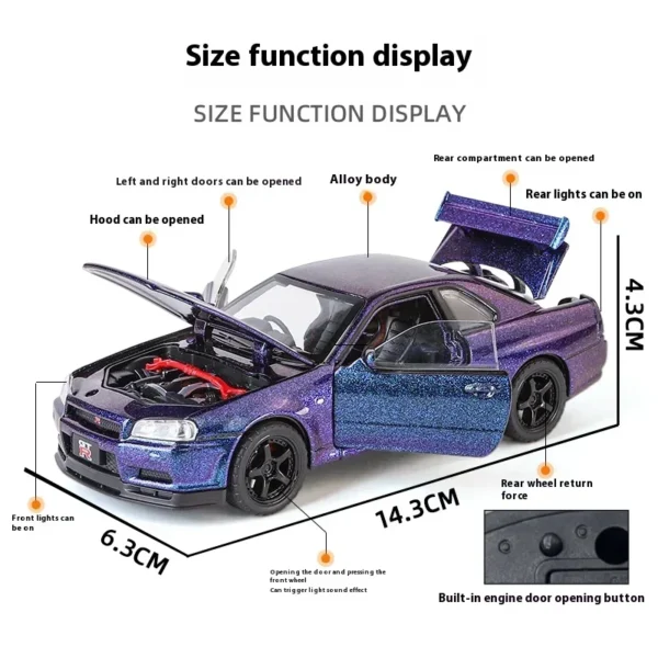 1/32 Nissan GTR R34 Skyline Metal Diecast Car Model - Image 3