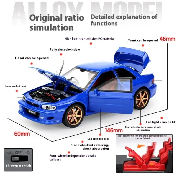 1/32 Subaru Impreza WRX STI 22B Alloy Diecast Model Car - Image 2