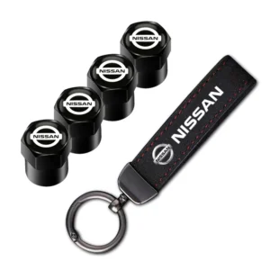 Nissan Branded Aluminum Valve Stem Caps & Keychain Combo Set